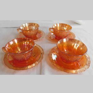 Federal Glass Normandie Bouquet Lattice Sunburst Iridescent Set 4 Cup + 4 Saucer